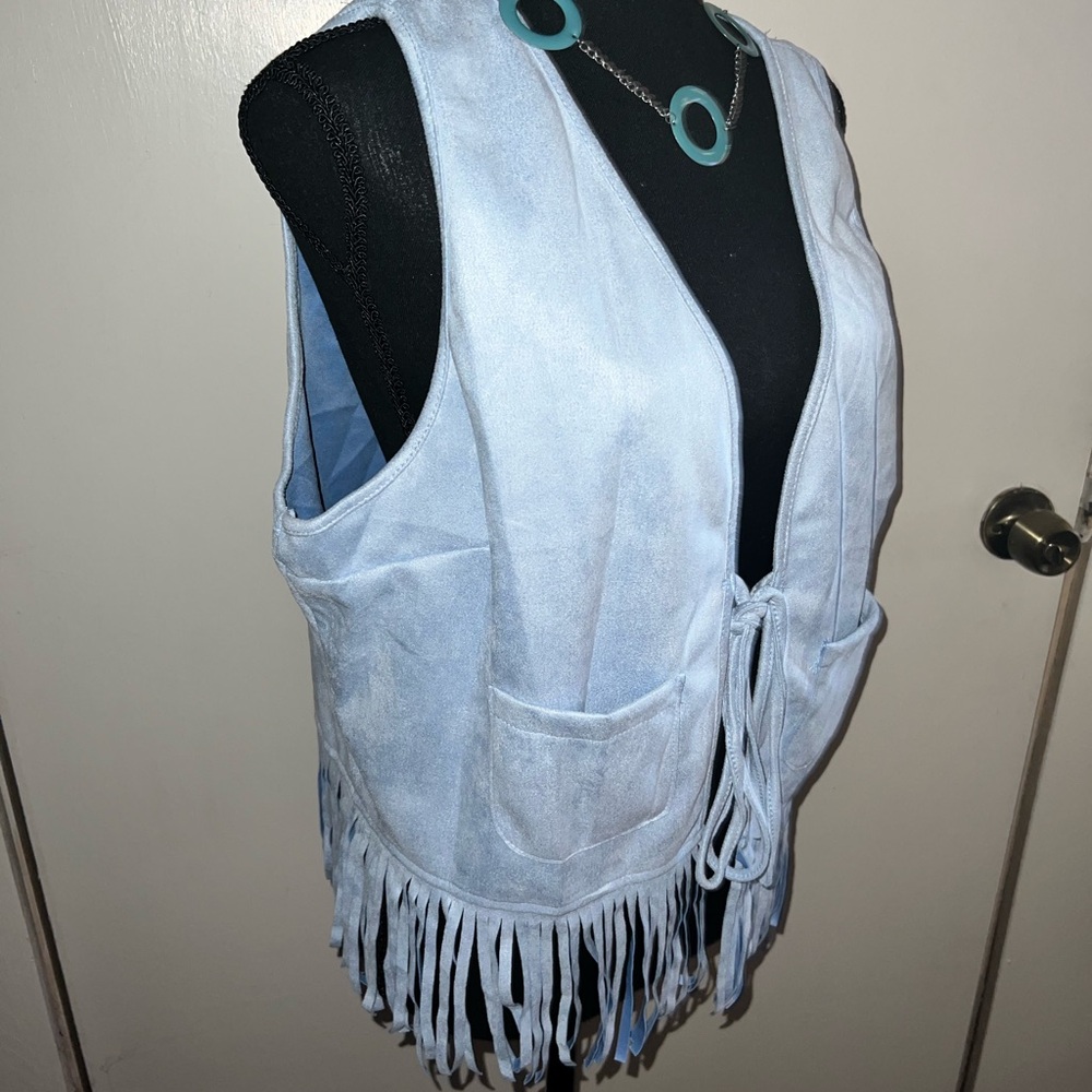 Baby Blue Fringe Faux Suede Vest size 14 - Picture 5 of 7